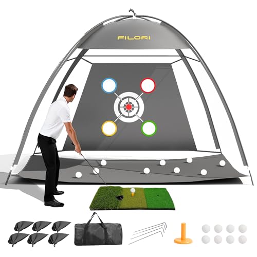 FILORI Golf Practice Net 10x7FT - Golf Hitting Net with Tri-Turf Mat, 8 Balls, Tee & Carry Bag, Indoor/Outdoor Backyard Training for Driving Chipping Swing, Ideal Gifts for Men Dad Husband Golfer - color: Gray