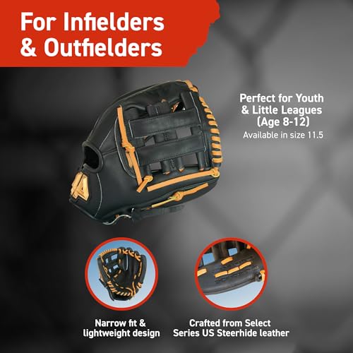 44 PRO BB Stock Rise Baseball Glove for Youth & Little Leagues, Age 8-12, Infield & Outfield, 11.5", H-Web, Easy Break-in, Narrow Fit & Lightweight Design - color: Black, size: Left Hand Throw