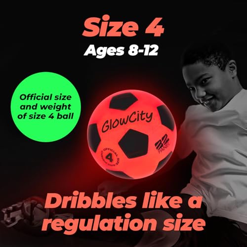 GlowCity Glow in The Dark Soccer Ball - Sizes 3, 4, 5 for Kids, Teens & Adults - Light Up Soccer Ball with 2 LED Lights - Sports Birthday Gifts Ideas for Boys & Teenagers Ages 6 7 8 9 10 11 12 13 14