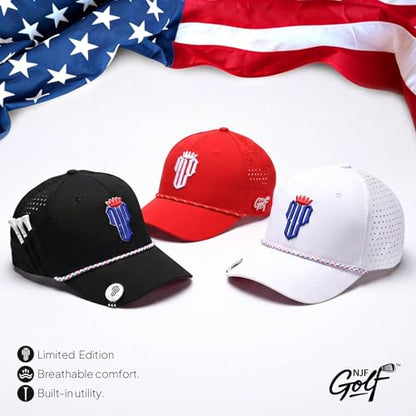 NJF Golf Hat Men - Breathable Mens Golf Hats, Adjustable Rope Hook and Loop Style Cap, Convenient Cap with Tee Holder - color: Njf Us Flag Black