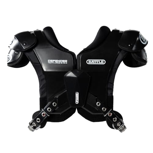 Battle Sports Defender Football Shoulder Pads – The Lightest, Most Protective in Its Class – Aerospace Grade Materials, Ventilated Design, Removable Sternum Plate, Foam Neck Roll - color: Black, size: X-Large
