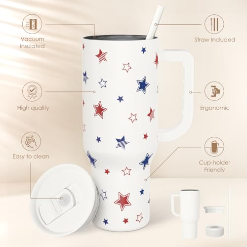 SANDJEST American Flag 40oz Tumbler with Handle and Straw, Insulated Stainless Steel Travel Coffee Mug for Women Girls, Gift Idea for Birthday Christmas 4th of July (Star) - color: American Flag