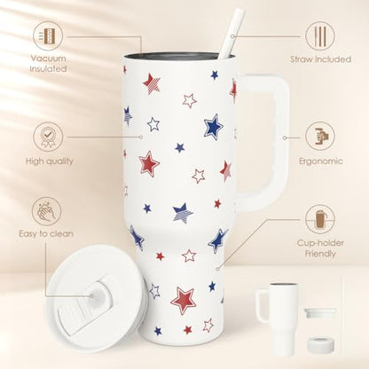 SANDJEST American Flag 40oz Tumbler with Handle and Straw, Insulated Stainless Steel Travel Coffee Mug for Women Girls, Gift Idea for Birthday Christmas 4th of July (Star) - color: American Flag
