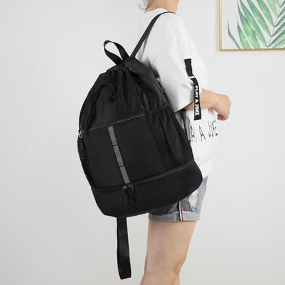 Valleycomfy Drawstring Gym Bag Sports Backpack With Shoe Compartment and Reflective Strips Black - color: Black
