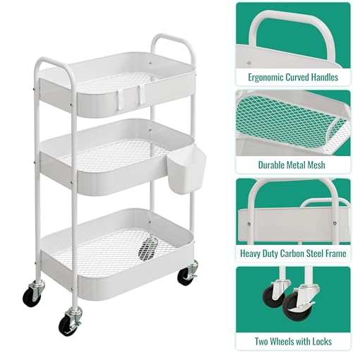 3-Tier Metal Rolling Cart with Wheels, Storage Utility Organizer Cart for Kitchen, Bathroom, Office, Baby Essentials & Makeup - Lockable Casters, Easy Assembly, Large Capacity, White
