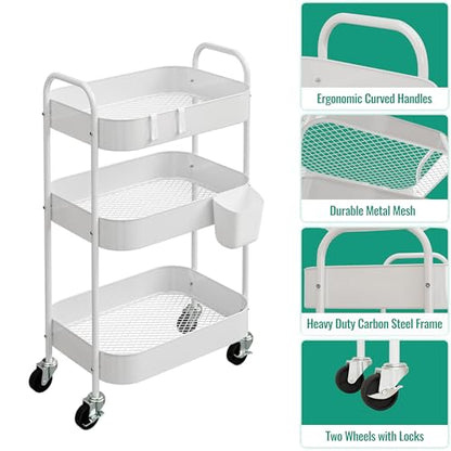 3-Tier Metal Rolling Cart with Wheels, Storage Utility Organizer Cart for Kitchen, Bathroom, Office, Baby Essentials & Makeup - Lockable Casters, Easy Assembly, Large Capacity, White