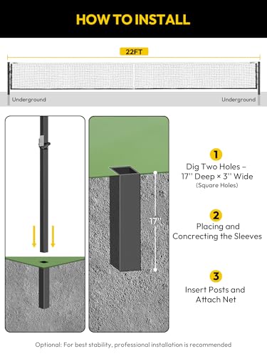 A11N SPORTS Pro-Grade In-Ground Pickleball Net System with Heavy-Duty Carbon Steel Posts, Rust-Proof All-Weather Construction, Easy Sleeve Installation, Official Size for Outdoor Court