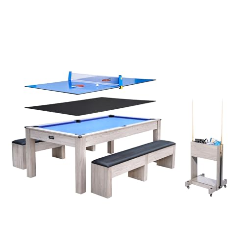 7FT 3-in-1 Pool Table with Dining Top & Table Tennis | Convertible Billiard Table for Home Game Room | Complete Set with Cues, Balls, Ping Pong Paddles, Net & Rolling Storage Caddy | Wood Grain Finish - color: Blue 3 in 1