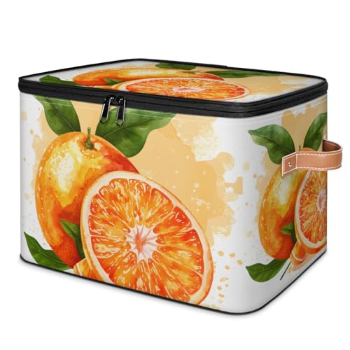Orange Fruits Storage Bins Storage Basket with Zipper Lid & Leather Handle Foldable Storage Box Storage Cube Bin Clothes Organizer for Clothes Books Storage Bins Decorative 10.4x14 In - color: Orange Fruits