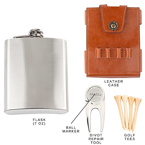 Golf Flask Gift Set - 7oz Flask With Leather Case - Golf Accessories for Men and Women - Includes Divot Tool, Tees and Ball Marker