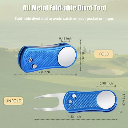 Mile High Life Golf Divot Repair Tool, All Metal Foldable Divot Tool with Pop-up Button & Magnetic Ball Marker - color: Blue Undulate