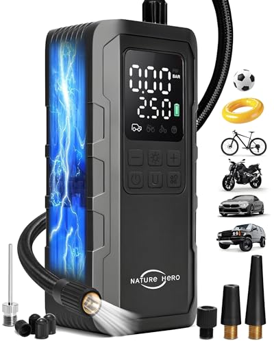 Tire Inflator Portable Air Compressor - 7500mAh Air Pump for Car Tires, 150PSI Cordless Tire Pump with Pressure Gauge & LED Lights - 3X Faster for Car, Motorcycle, Balls and Bicycle, Black