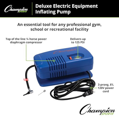 Champion Sports Electric Ball Inflator – Quiet High-PSI Air Compressor & Ball Pump for Sports Balls, 110–120V AC - size: 1/4 HP - 125 PSI (Deluxe)