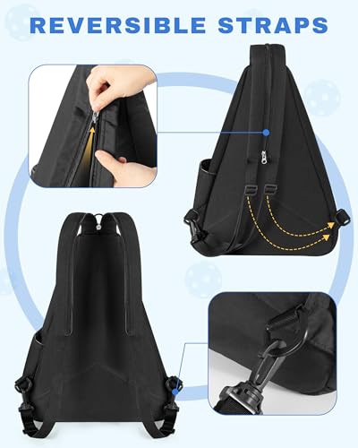 Pickleball Sling Bag for Women and Men, Pickle Ball Paddle Backpack with Fence Hook for Racquetball, Badminton Rackets, Black