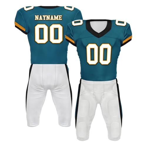 Youth Football Practice Jersey, Custom Blank Kids Practice Football Uniform Sportswear for Boys Training Games - color: Teal White Gold