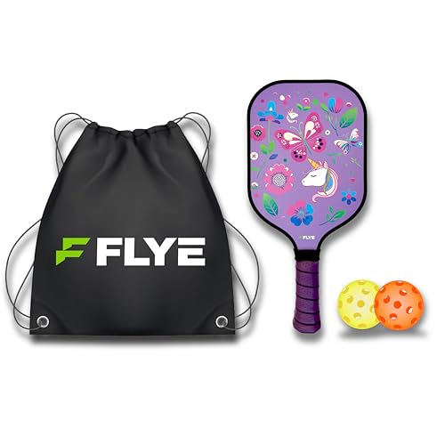 FLYE Kids Carbon Fiber Pickleball Paddle Set With Bag and Ball - Mini Training Paddle for Youth - Dinosaur, Flower, and Sharks Designs