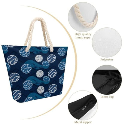 Blue Volleyball Handbag Large Capacity,Beach Bags with Hemp Rope Handles,Shoulder Bag with Zipper Compartments for Travel, Work, Gym