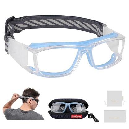 SooGree Sport Glasses for Men Women Basketball Football Sport Goggles Anti Fog Shock Collision Wearable Glasses - color: Clear Frame Blue Nose Pads
