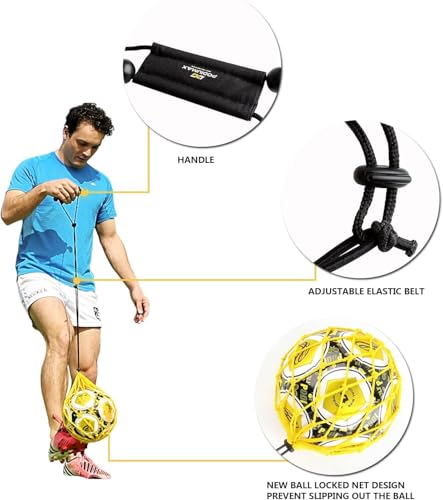 Handle Solo Soccer Kick Trainer with New Ball Locked Net Design, Soccer Ball Bungee Elastic Training Juggling Net (Fits Ball Size 3, 4, 5) - color: yellow