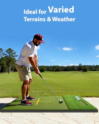 5.2x4ft & 6x4ft 21mm-50mm Dual-Turf Golf Mat with Ball Tray, Thickened Golf Hitting Mat with 9 Hitting Holes, Alignment Aid Practice Mat for Hitting, Driving Chipping, Swinging, Gifts for Men/Dad/Him