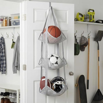 Basketball Holder Bag, Space-Saving Design, 83x33x33cm, 3 Tier Over The Door Ball Holder Bag, Soccer Equipment Organizer Bags, Quick Access Design, for Volleyball Football Gym - color: Gray