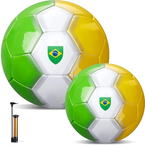 Thenshop 2 Pcs National Team Soccer Balls Size 5 Office Size Soccer Ball with Pump Faux Leather Football for Adult and Youth International Sports Events Game Training Party Favor Gifts - color: Yellow, Green, White, style: Brasil
