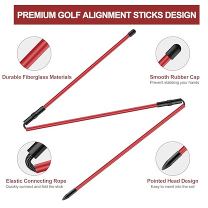 Golf Alignment Sticks 2 Pack,Golf Alignment Rods Upgraded 48" Collapsible Golf Practice Sticks Golf Training Aid for Aiming,Putting,Golf Training Sticks with Clear Tube Case - color: Red