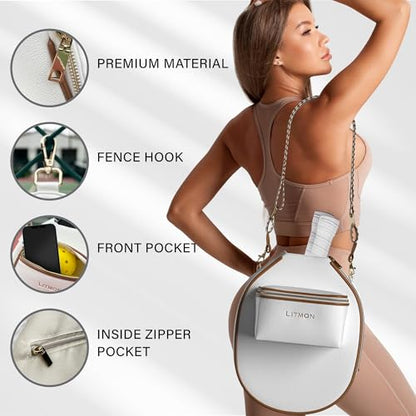 Pickleball Bag for Women, Cute Stylish Paddle Bag, Leather Crossbody with Adjustable Strap & Fence Hook