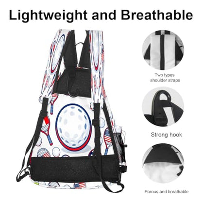 Print Pickleball Backpack White Sports Rackets | Padded 6-Paddle Compartment & Separate Shoe Bag | Multi-Pocket Sports & Gym Backpack for Tennis, Travel, Commute