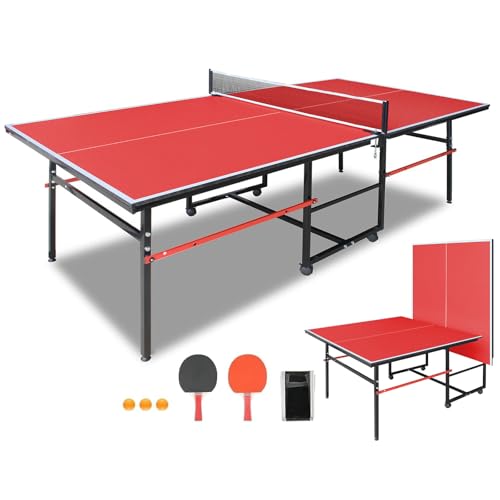 KEIKI Foldable 8FT/8.5FT/9FT Ping Pong Table Set, Portable Indoor Table Tennis Table with 0.2'' Durable MDF Top, Quick Game Mesa de Ping Pong para Adultos with Net, 2 Paddles & 3 Balls - color: Red, size: 8FT×4FT