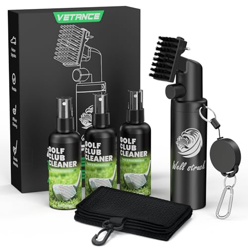 Vetance Pro Golf Club Cleaner Kit - Including New Designed Golf Club Brush, 3 Bottles of Cleaning Solution, Golf Towel,Effectively Remove Stubborn Stains and Rust. - color: Black
