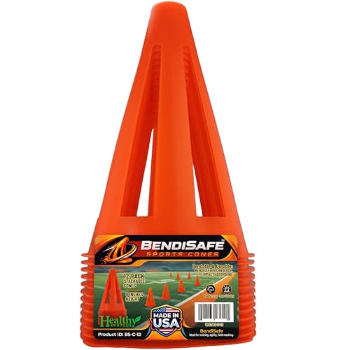 Soccer Training Cones Set of 12 - Flexible Agility Marker Cones for Soccer, Football, Hockey & Basketball Drills - 9” Tall 6” Base - High Visibility Orange Field Marker Cones - Made in USA - BendiSafe