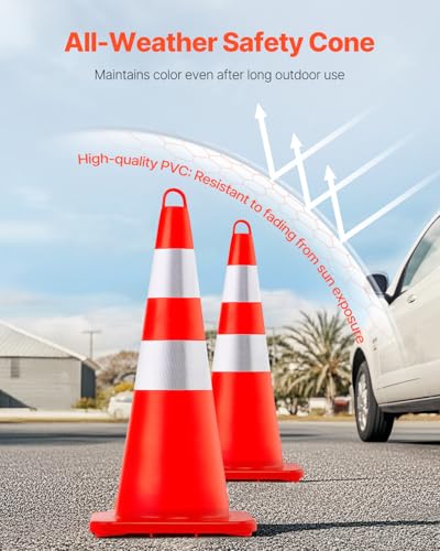 VEVOR Safety Cones, 10PCS 28" Traffic Cones, PVC Orange Construction Cones, 2 Reflective Collars Traffic Cones with Weighted Base and Hand-Held Ring Used for Traffic Control, Driveway Road Parking