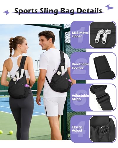 SEAFEW Black Pickleball Crossbody Sling Bag - Men's & Women's Pickleball Sports Backpack with Water Bottle Holder, Adjustable Pickleball - color: A1-black