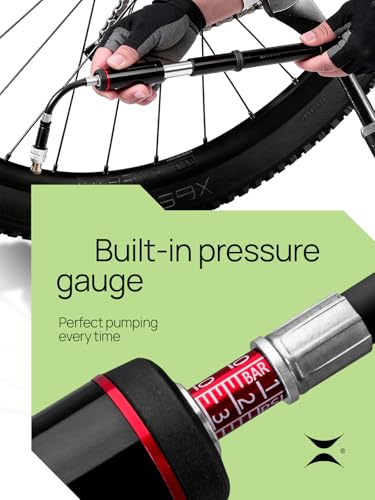 Mini Bike Pump with Pressure Gauge, Compact High-Pressure Hand Pump with Retractable Flexible Hose, Presta & Schrader Compatible, Includes Frame Mount Bracket, Ball Needle & Inflatable Adapter
