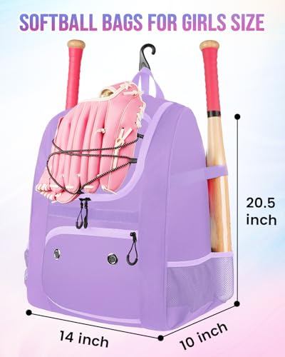 MATEIN Softball Bag, Lightweight Baseball Backpack with Shoe Compartment, Baseball Bag with Fence Hook for TBall Bat & Equipment, Softball Gifts Catchers Backpack for Women Fit Catcher’s Mitt, Helmet - color: Purple - Large