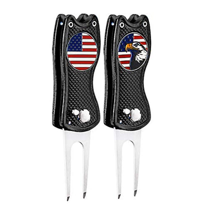 FINGER TEN Golf Divot Repair Tool and Ball Marker Switchblade Value Pack, Foldable Magnetic Stainless Steel with Pop-up Button for Men Women - color: 2 in Black+2 Ball Marker