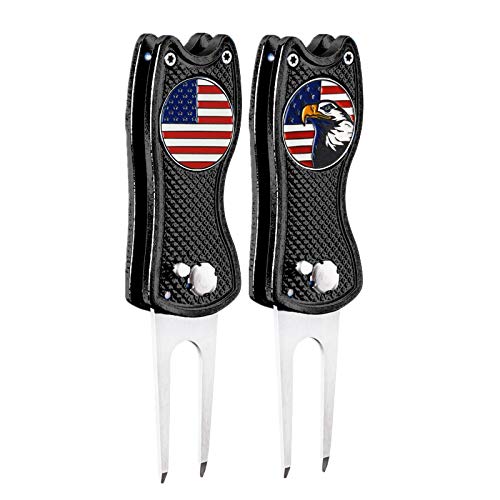 FINGER TEN Golf Divot Repair Tool and Ball Marker Switchblade Value Pack, Foldable Magnetic Stainless Steel with Pop-up Button for Men Women - color: 2 in Black+2 Ball Marker