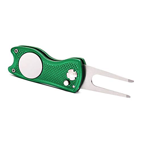 Mile High Life Golf Divot Repair Tool, All Metal Foldable Divot Tool with Pop-up Button & Magnetic Ball Marker, 2-6 Pack - color: Green Fish