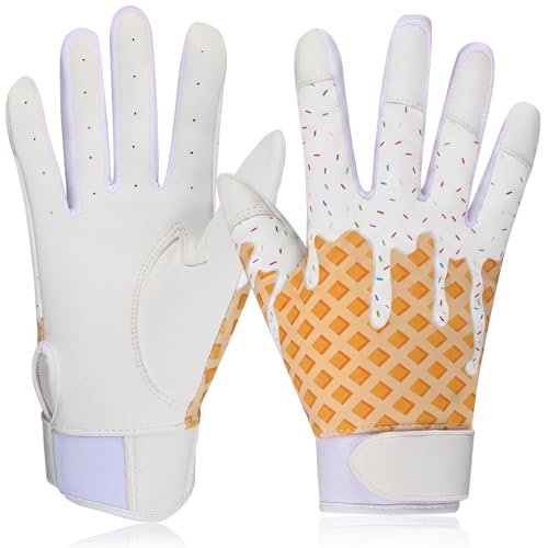 JenPen 1 Pair Youth Ice Cream Drip Batting Gloves 6 Inch Baseball Batting Gloves Long Cuff Leather Ice Cream Drip Pattern Mitt Grip Finger for Softball Teeball Baseball Kids Youth Boys - color: White, size: M Size