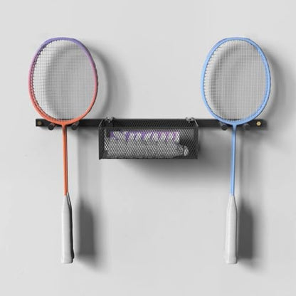 WDJBPSH 2 in 1 Wall Mounted Ball Holder Racket Rack, Hanging Equipment Organizer for Boys Bedroom/Studio/Garage, Metal Badminton Ping Pong Paddle Storage Display Stand