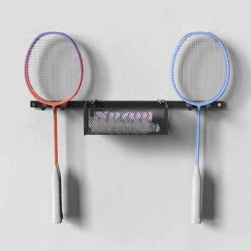 2-in-1 Wall-Mounted Ball & Racket Holder, Metal Sports Equipment Organizer for Boys' Bedroom, Studio, Garage - Badminton & Ping Pong Paddle Display Stand