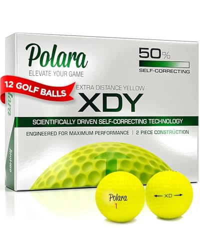 Polara Self-Correcting Golf Balls – High-Performance Golf Balls with Soft Feel, Anti-Slice & Hook Correction, Exceeds USGA Limits, Dimple Design for Maximum Distance, Golf Accessories for Men & Women - size: 1 box of 12, style: Extra Distance Yellow