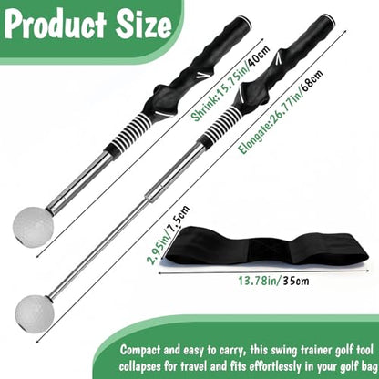Retractable Golf Swing Training Aid, Golf Alignment Sticks for Swing Tempo & Chipping Practice, Golf Grip Trainer Right Hand with Arm Band for Beginners, Indoor Outdoor Practice