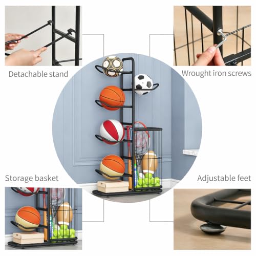 Multi-Function Sports Equipment Storage Racks - Adjustable and Durable Solutions for Organizing Balls, Toys, and Gear Indoors, in Garages, or Outdoors (5-tier-black-with Basket) - style: 5-tier-black-with Basket