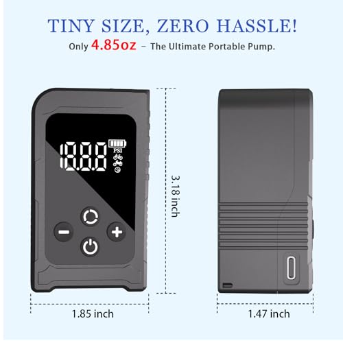 Tiny Bicycle Pump with Gauge, Max 150 PSI Electric Mini Pump, Auto Stop, with Presta and Schrader Valve for E-Bike, MTB, and Road Bike,with LED Night Lighting