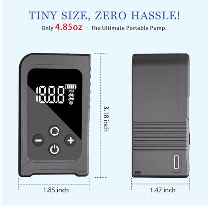Tiny Bicycle Pump with Gauge, Max 150 PSI Electric Mini Pump, Auto Stop, with Presta and Schrader Valve for E-Bike, MTB, and Road Bike,with LED Night Lighting