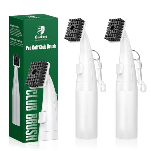 CAITON 2 pcs Pro Golf Club Brush Cleaner - Squeeze Bottle with Nylon Bristles - Push Button Spray - 9.8 Inches Holds 8 Oz Water - Best Golf Gifts for Men/Women