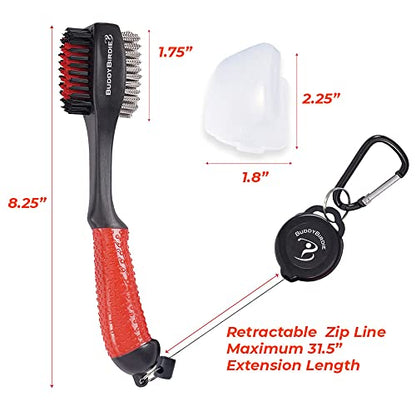 Retractable Golf Club Brush | Oversize Double Brush & Ergonomic Grip & Retractable Groove Cleaner & Lanyard - color: Red