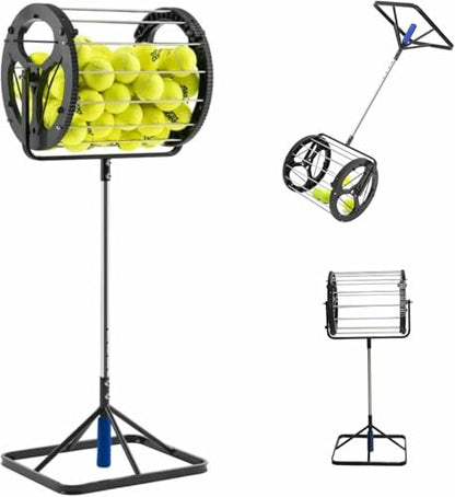 Tennis Ball Picker, 2 in 1 Tennis Rolling Collector Basket with 80 Balls Capacity, Automatic Ball Hopper with Adjustable Height, Funnel Grabber with Handle, for School, Gym, Club~/